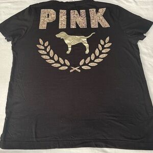 Women PINK by Victoria's Secret Black Tee Shirt Sequin Bling Logo Size Large